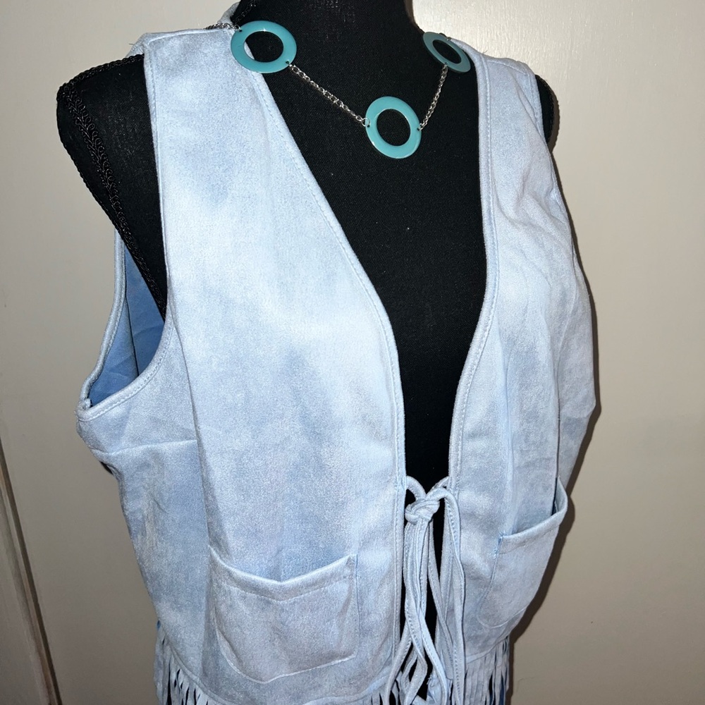 Baby Blue Fringe Faux Suede Vest size 14 - Picture 6 of 7